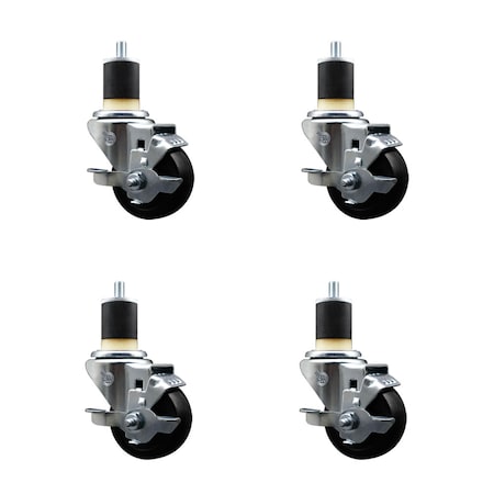 Service Caster 3'' SS Hard Rubber Swivel 1-7/8'' Expanding Stem Caster Set with Brake, 4PK SCC-SSEX20S314-HRS-TLB-178-4